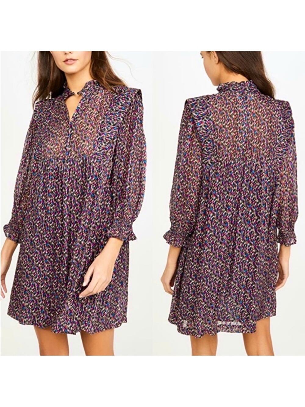 ba&sh Silk Blend Blouson Multi-Print Ruffle Neck Mini Dress, EUC Small MSRP $395